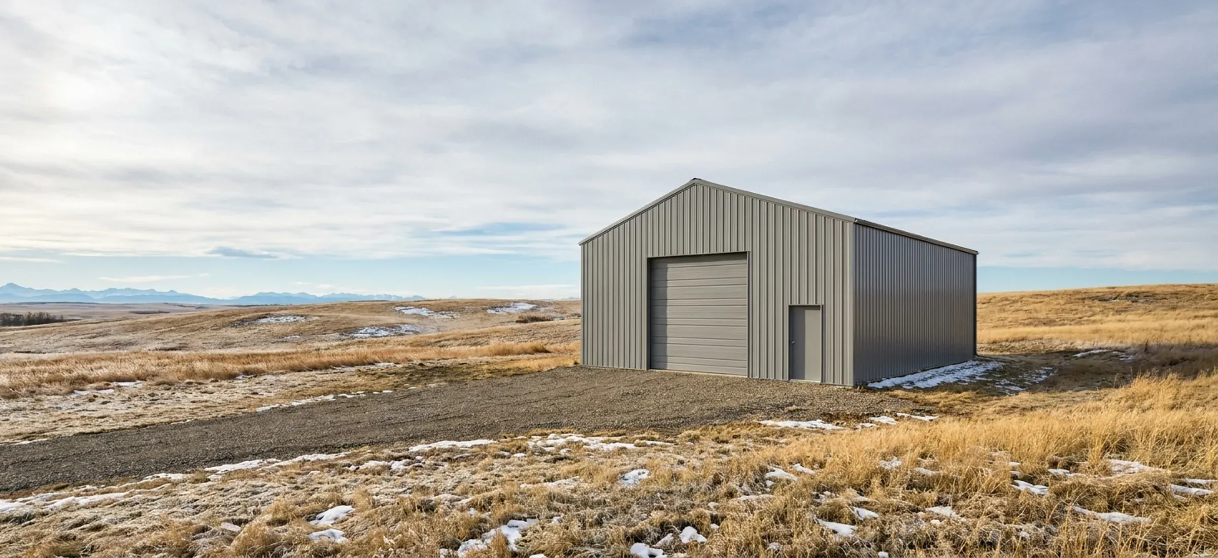 A compact 30 by 40 foot steel shop with one overhead door and a man door beside a gravel drive
