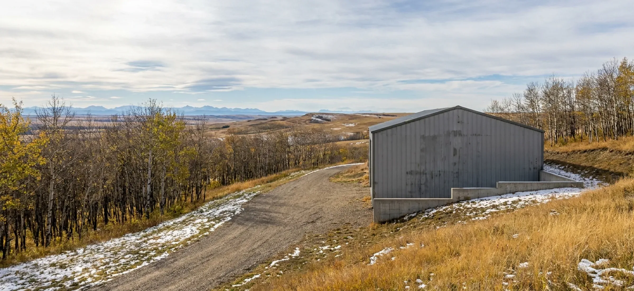A steel shop tucked into an aspen grove on a hillside acreage with a gravel drive