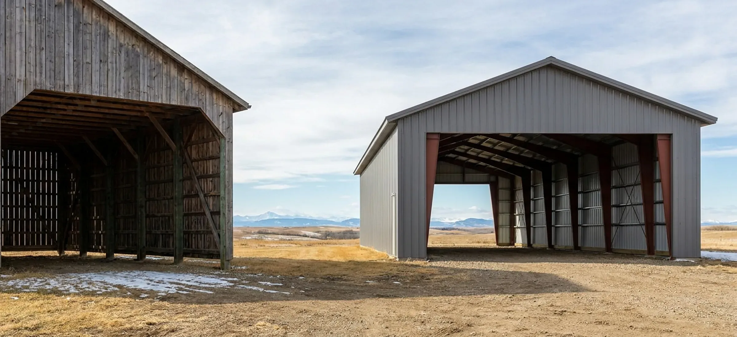 A wood post-frame building and a steel-frame building standing side by side on a farmyard