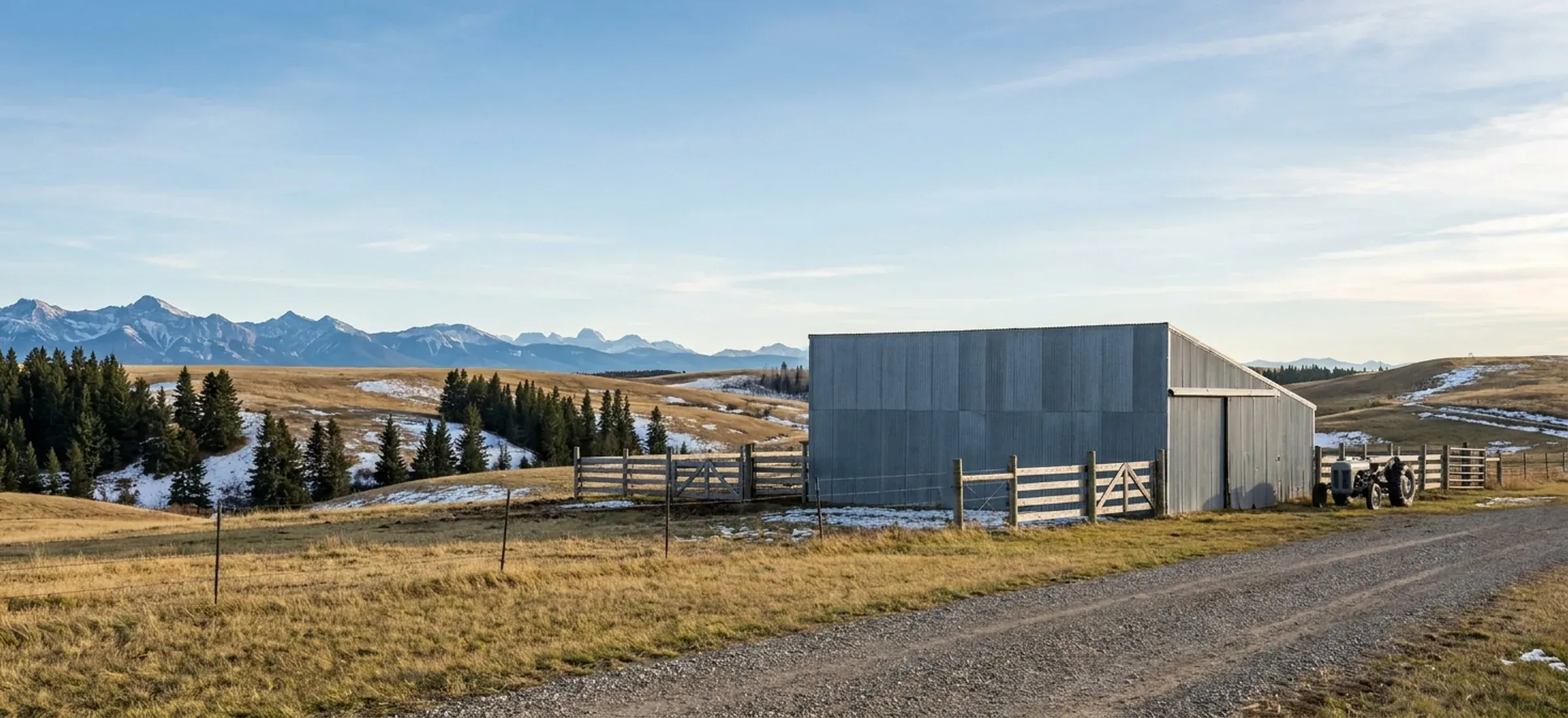 Ranch land in the foothills with a steel barn, fenced pasture and mountains close behind