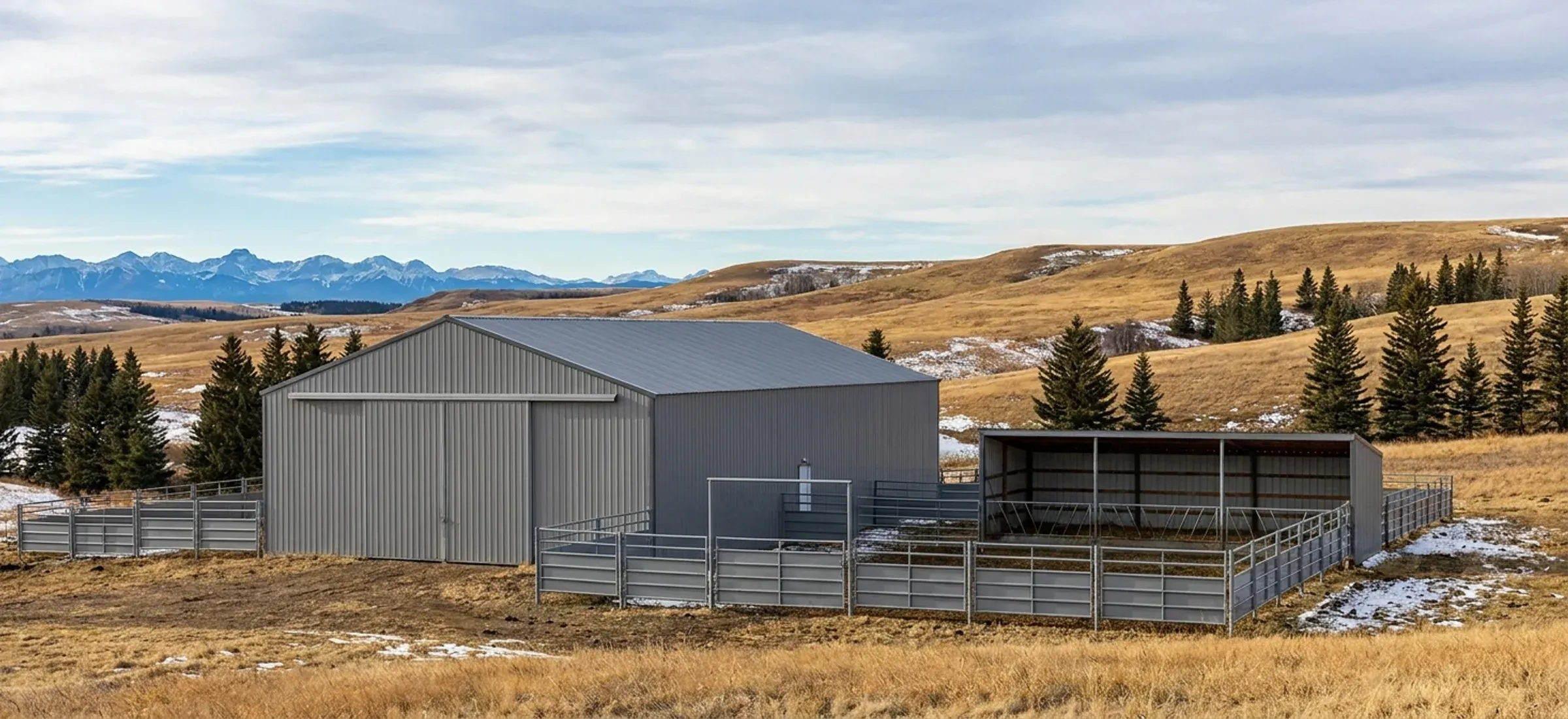 A steel calving and machinery barn on ranch land with corrals and foothills behind