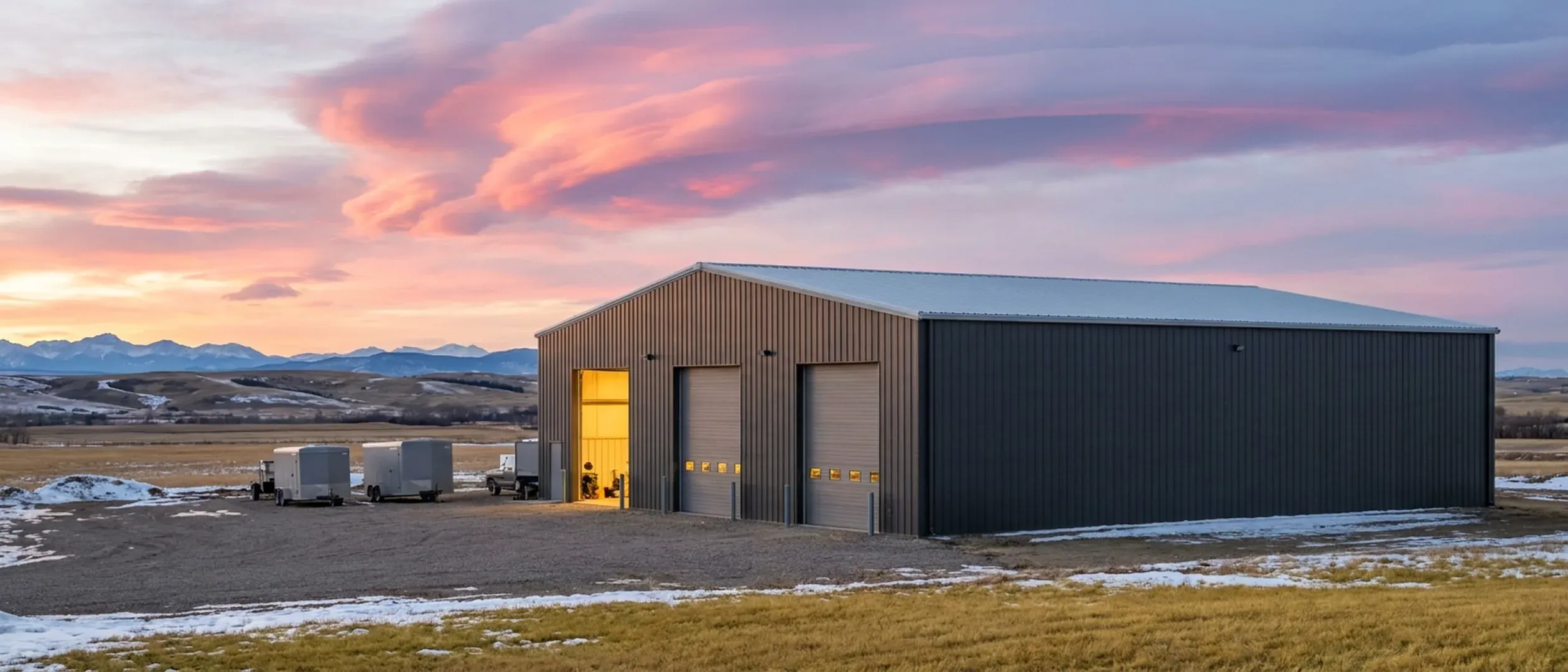 A large charcoal steel building with tall overhead doors on open prairie, mountains faint on the horizon at dusk