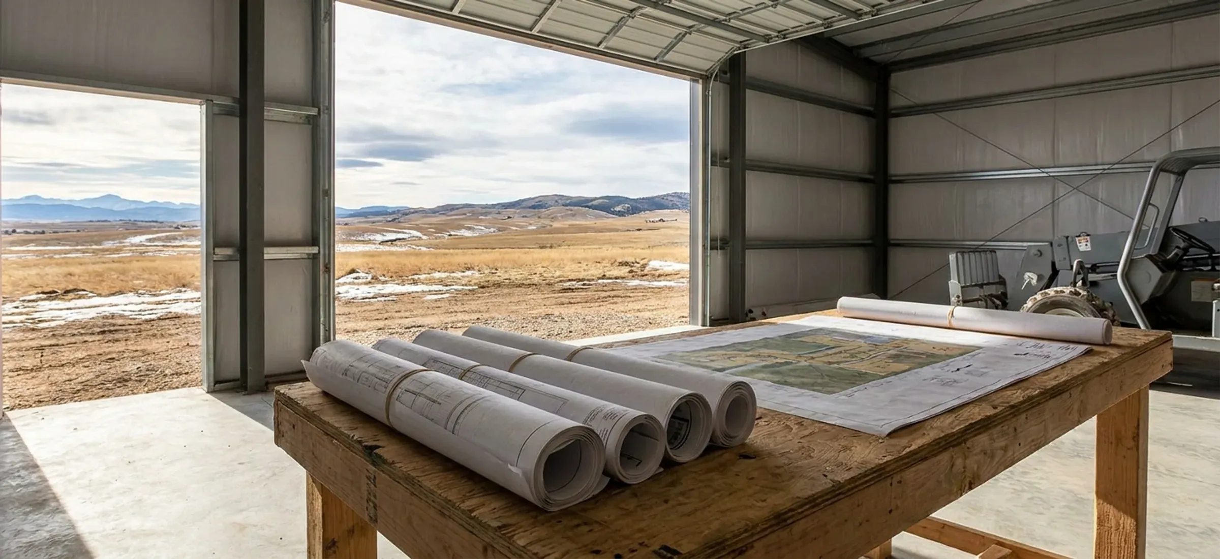 Rolled building drawings and a site plan on a table inside an unfinished steel building