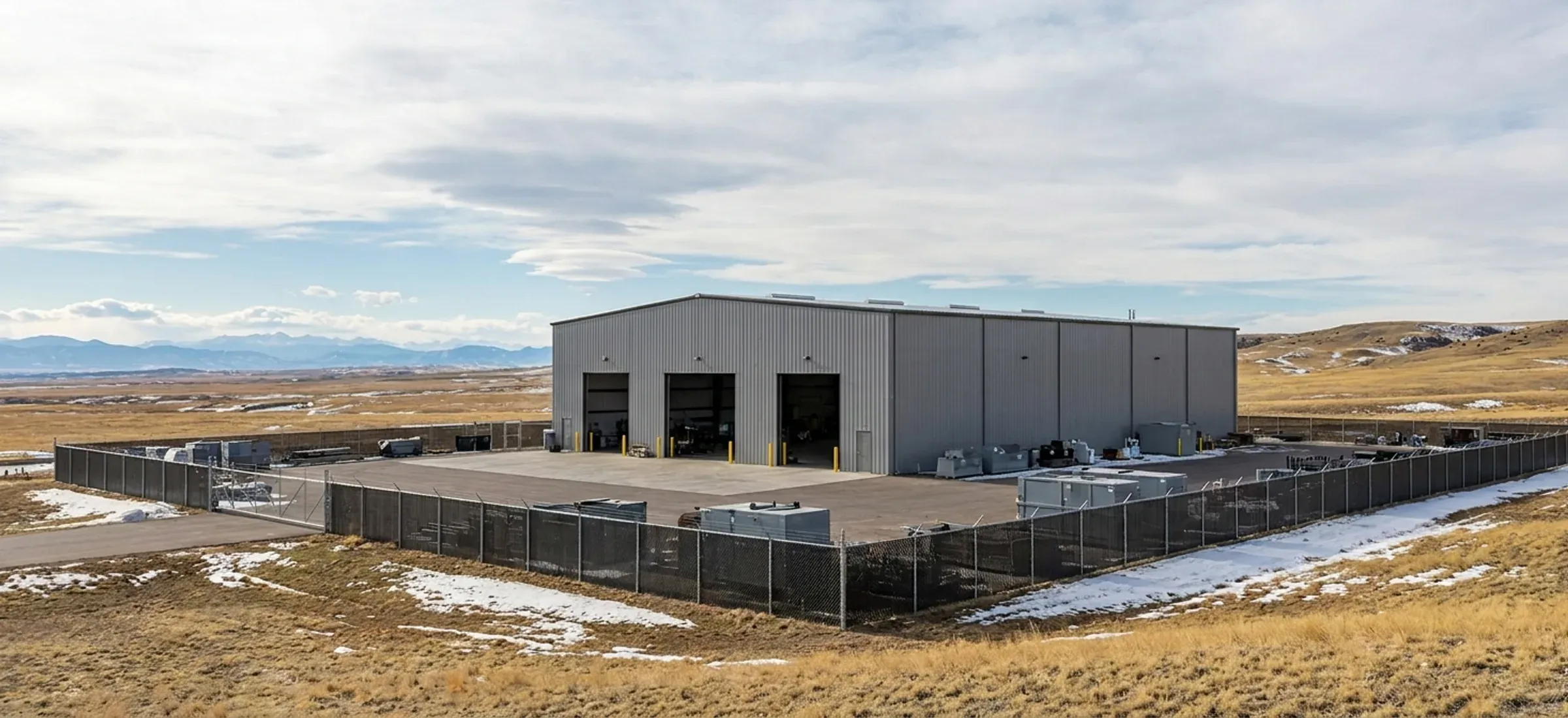 A tall steel industrial building with high overhead doors and a fenced outdoor storage yard