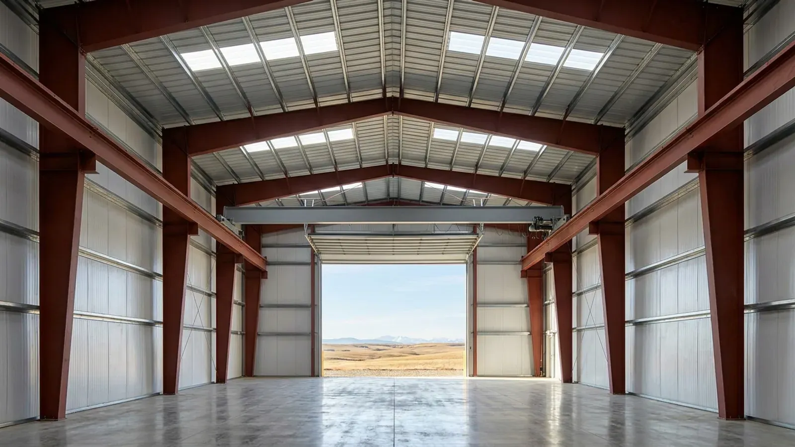 Inside a clear-span steel shop with red-primed frames, a grey bridge crane on runway beams and a concrete floor