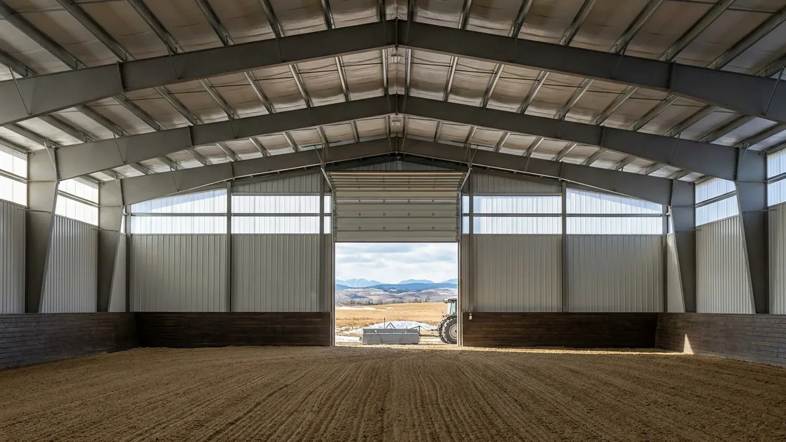 Inside a long clear-span steel riding arena with sand footing, kickboards and daylight panels along the walls